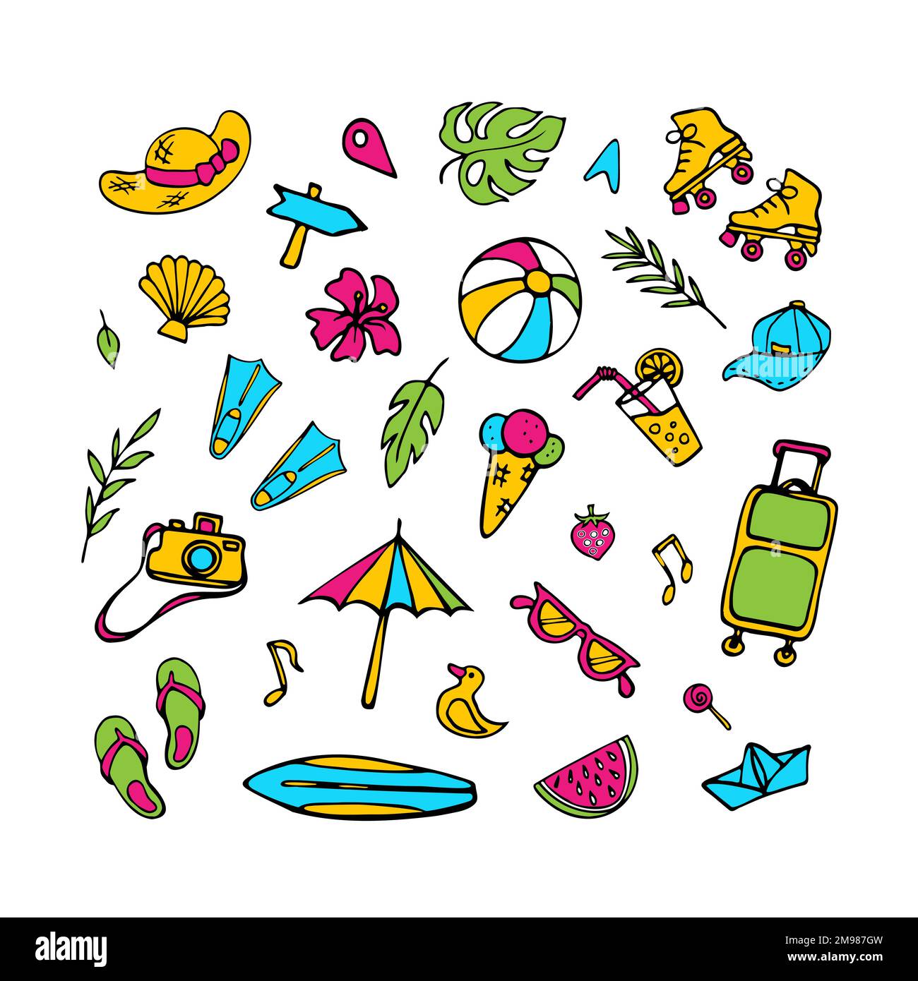 Sommersymbole. Handgezeichnete Clipart-Sammlung Stock Vektor