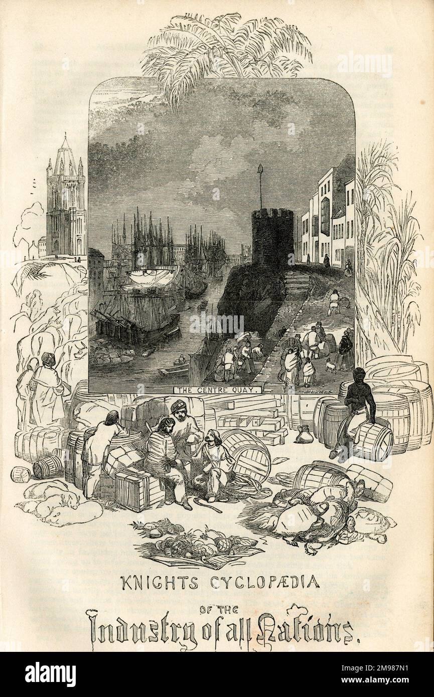Die Ritterzyklopädie der Industrie aller Nationen, in der der Inhalt der Großen Ausstellung in London beschrieben wird. Eine Kai-Szene. Stockfoto