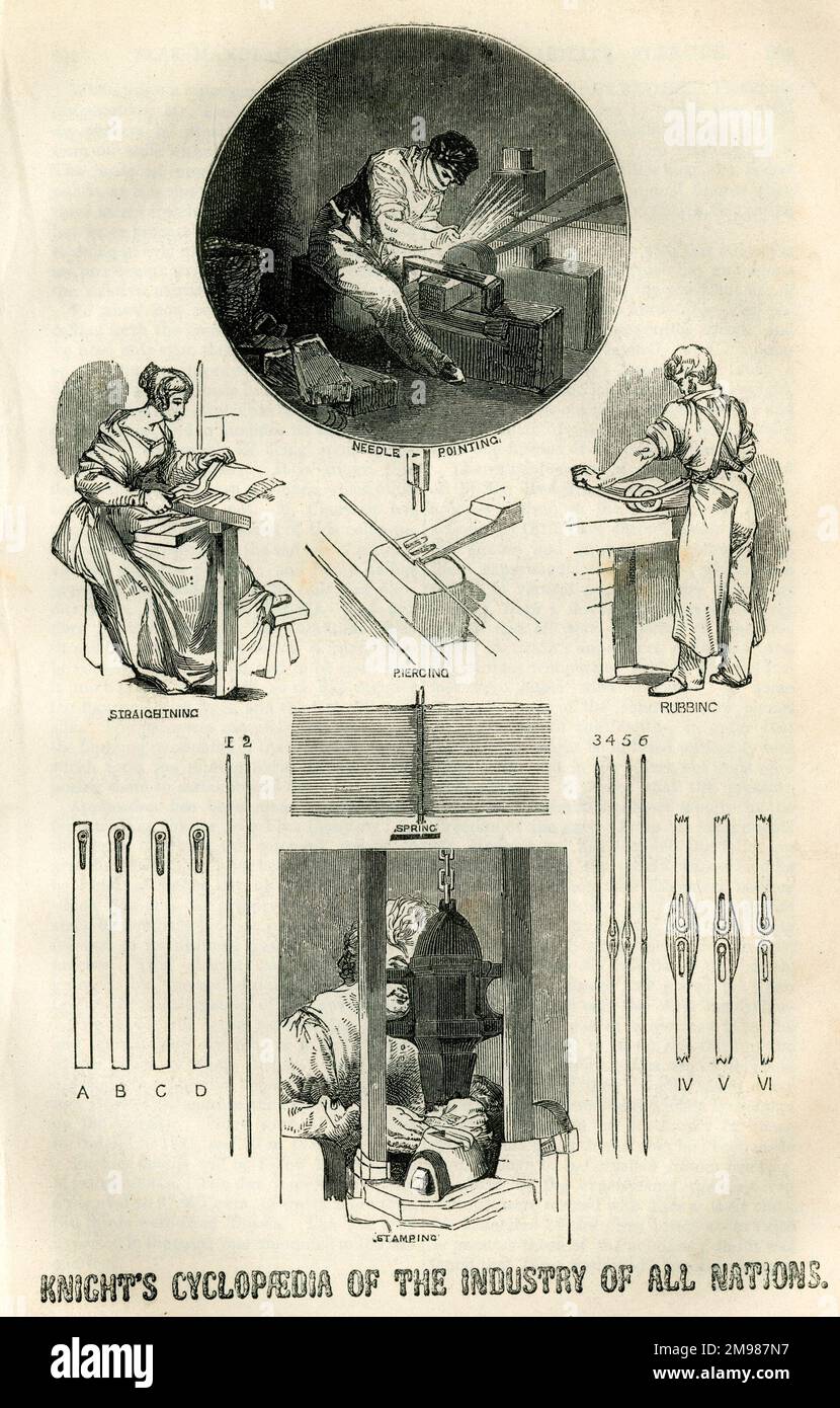 Die Ritterzyklopädie der Industrie aller Nationen, in der der Inhalt der Großen Ausstellung in London beschrieben wird. Zeigt verschiedene Herstellungsstufen der Nadeln. Stockfoto