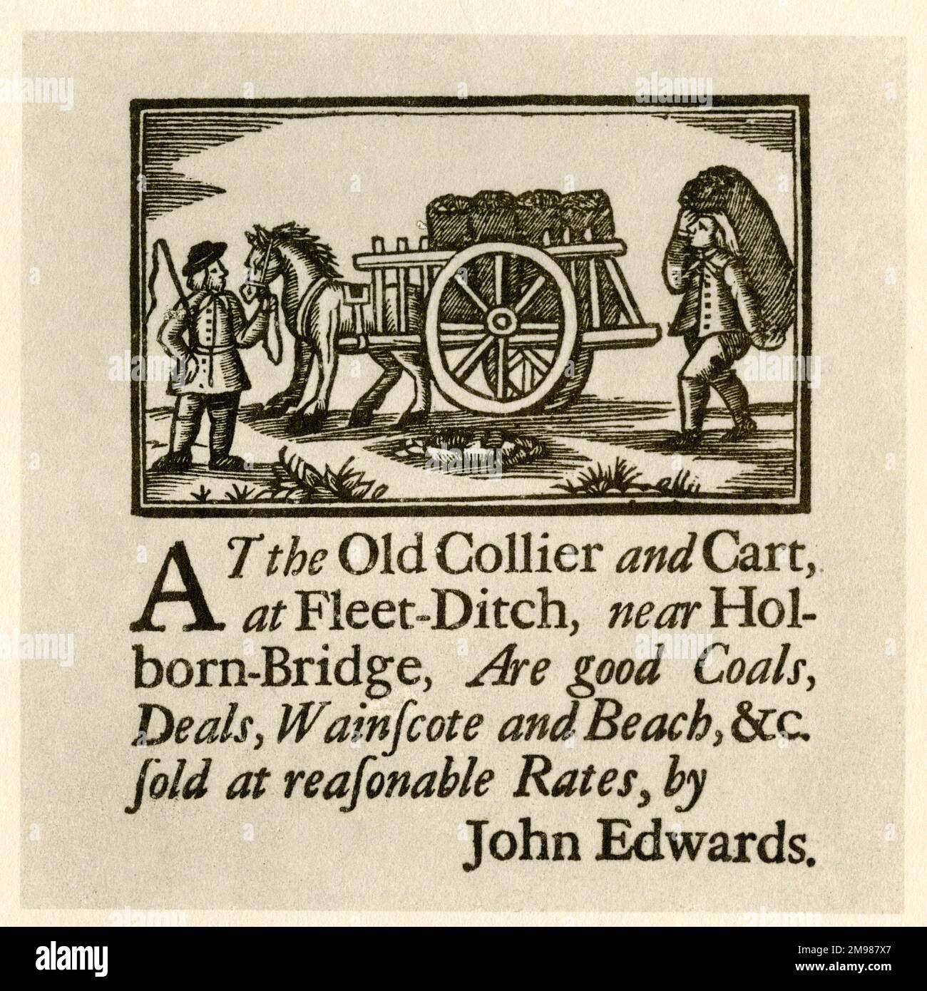 London Trade Card - John Edwards, Coal Merchant, am Old Collier and Cart, Fleet Ditch, in der Nähe der Holborn Bridge. Stockfoto