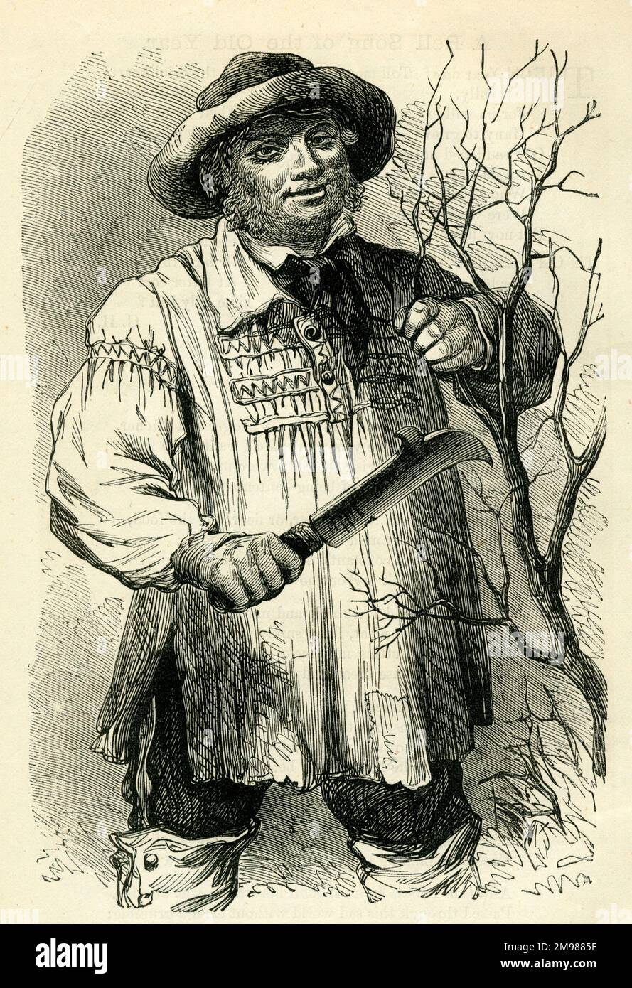 Berufe 1882 - englischer Bauernarbeiter, der einen Baum schneidet. Stockfoto