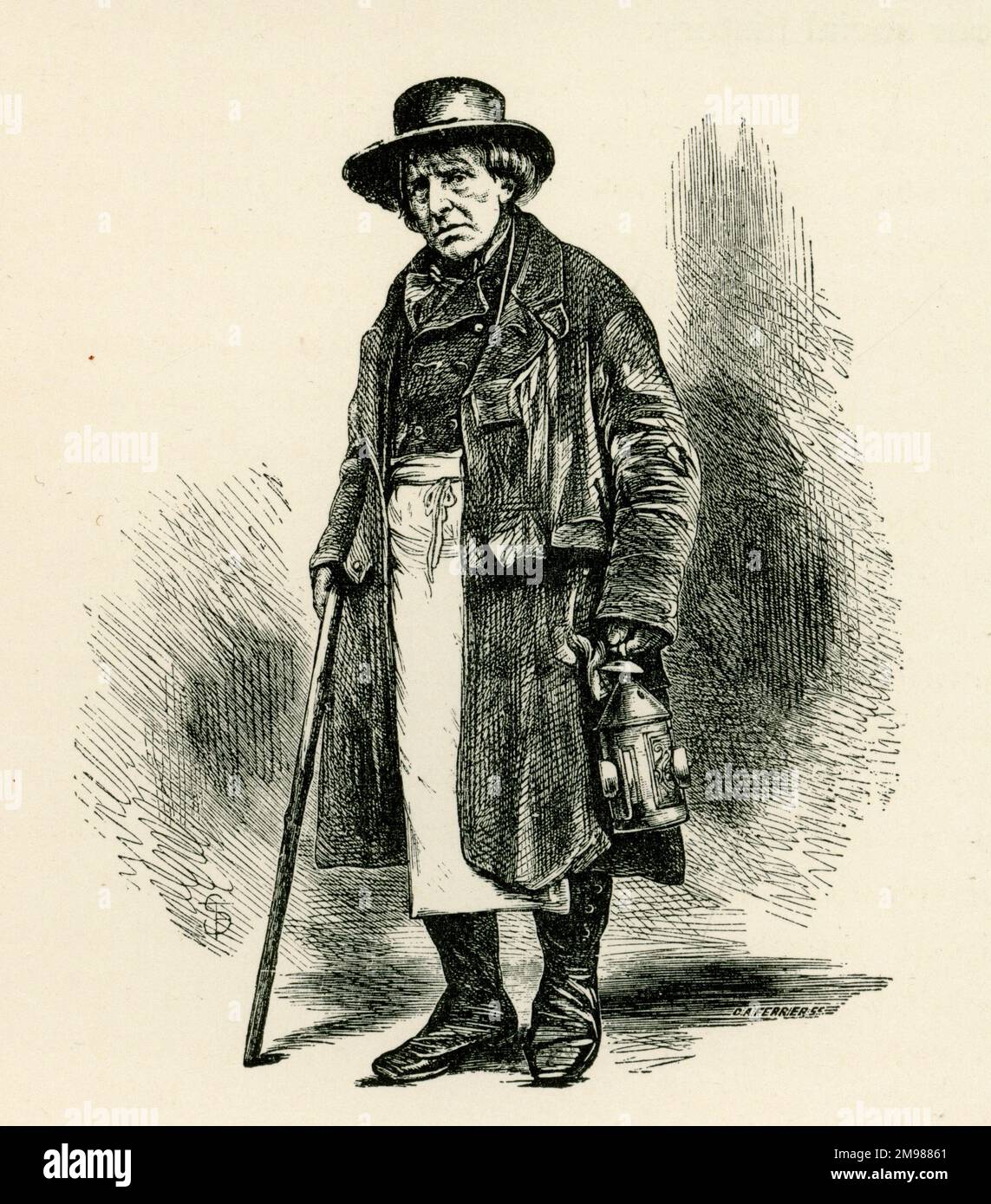 Charaktere aus dem alten London - Charley, ein alter Pfarrer oder Nachtwächter, mit einer Laterne. Stockfoto