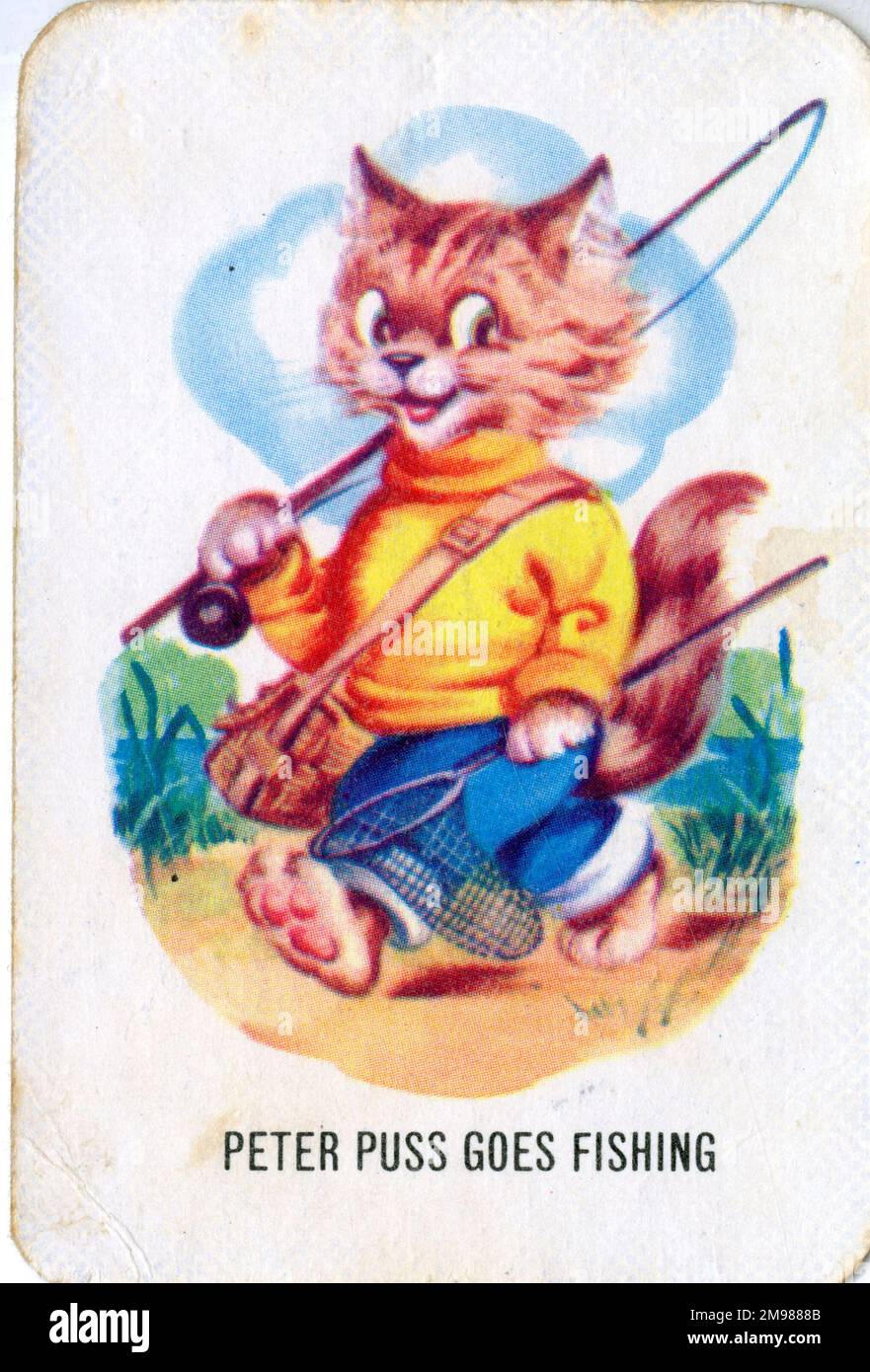 Old Maid Kartenspiel - Peter Puss geht angeln. Stockfoto