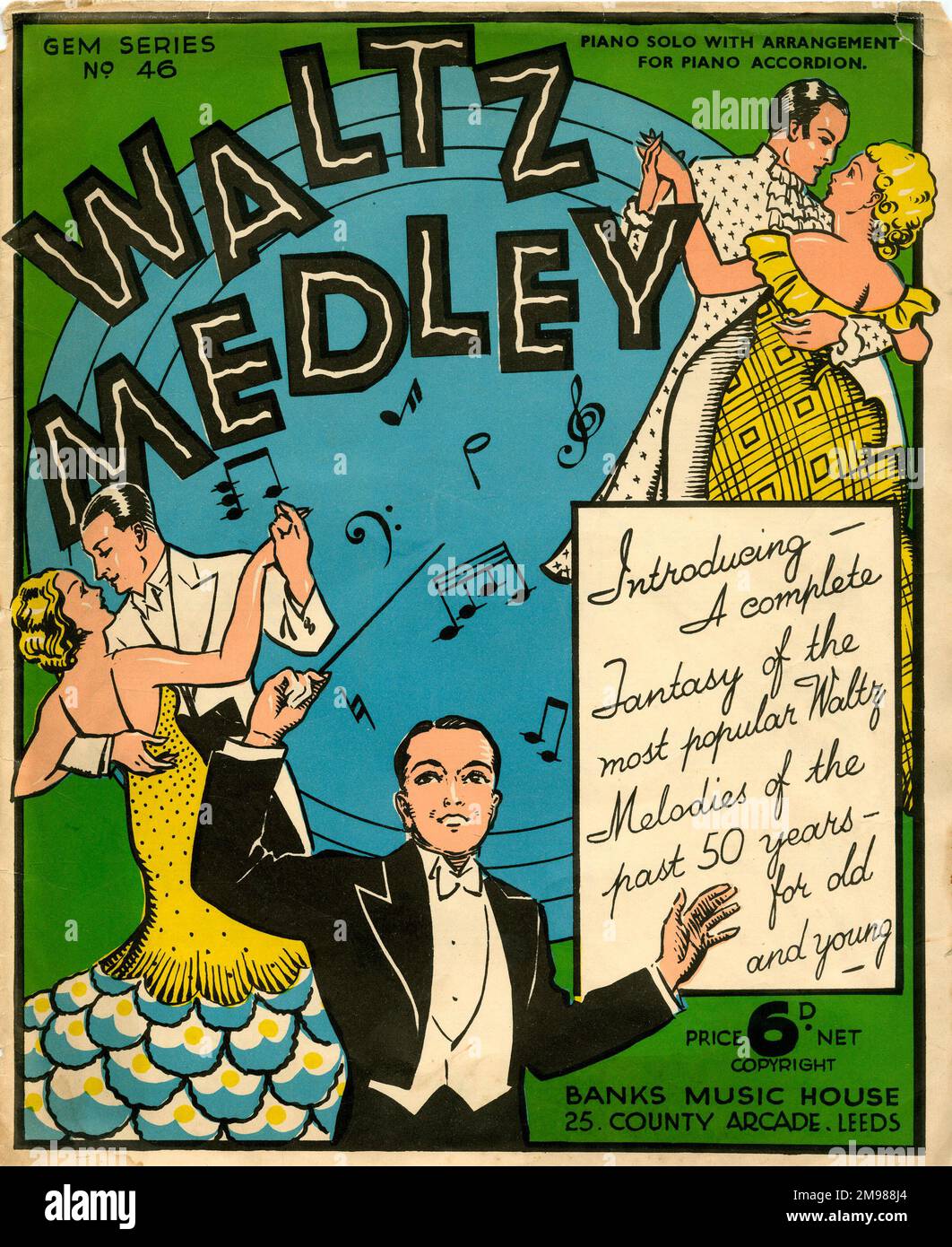 Titelblatt, Waltz Medley, Klaviersolo mit Anordnung für Klavierakkordeon, die beliebtesten Walzer-Melodien der letzten 50 Jahre. Stockfoto