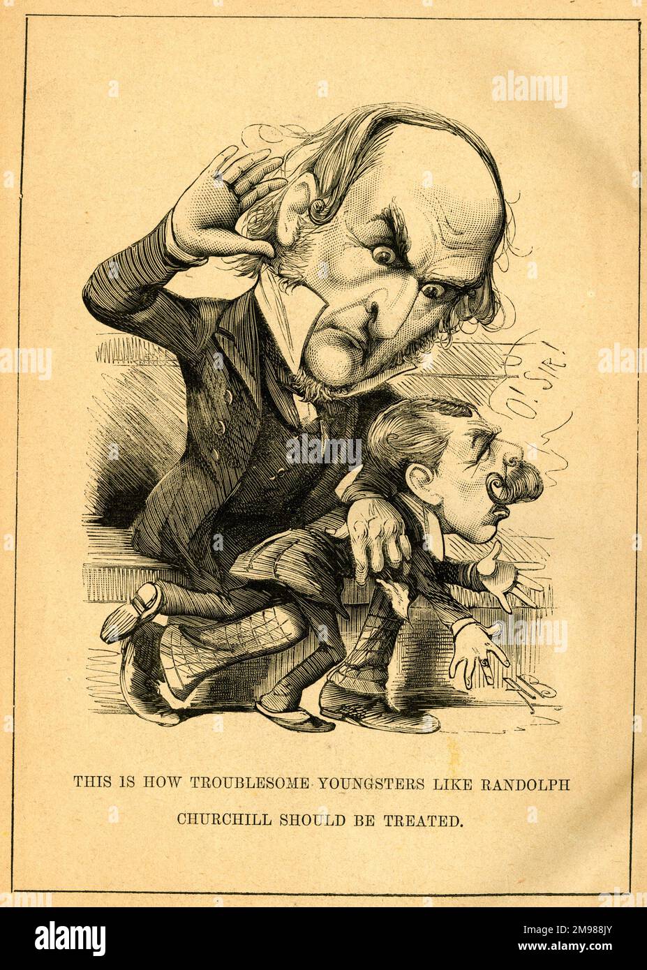 Zeichentrickfilm William Gladstone (1809-1898), liberaler Ministerpräsident, bestraft seinen jüngeren politischen Kollegen, Lord Randolph Henry Spencer Churchill (1849-1895), weil er Ärger verursacht hat. Stockfoto