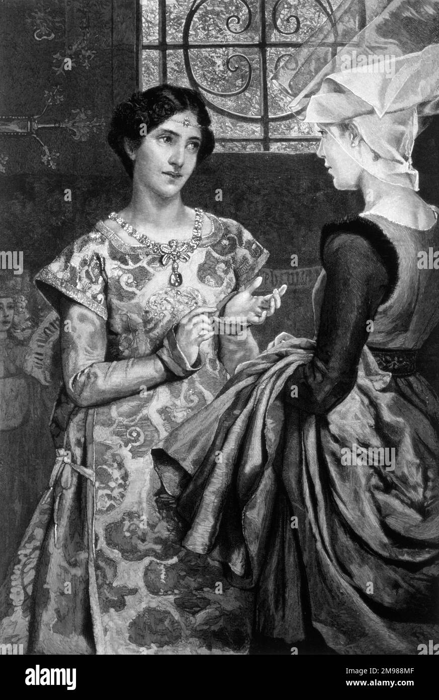 Königin [Prinzessin] Katherine von Frankreich, von Laurence Alma-Tadema, erhält eine Lektion in englischer Sprache von ihrer Krankenschwester, bevor sie König Heinrich V. von England (von Heinrich V.) trifft. Stockfoto