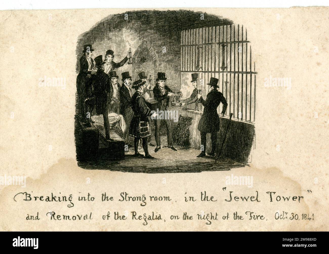 Feuer im Tower of London, 30. Oktober 1841 - eine Gruppe von Männern bricht in den Hochhaus im Jewel Tower ein, um die Kronjuwelen zu entfernen und sie vor der Zerstörung zu bewahren. Stockfoto