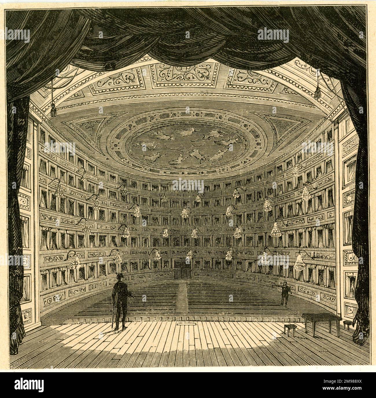 Das Pantheon Theatre, Oxford Street, London -- Blick auf das Auditorium von der Rückseite der Bühne. Stockfoto
