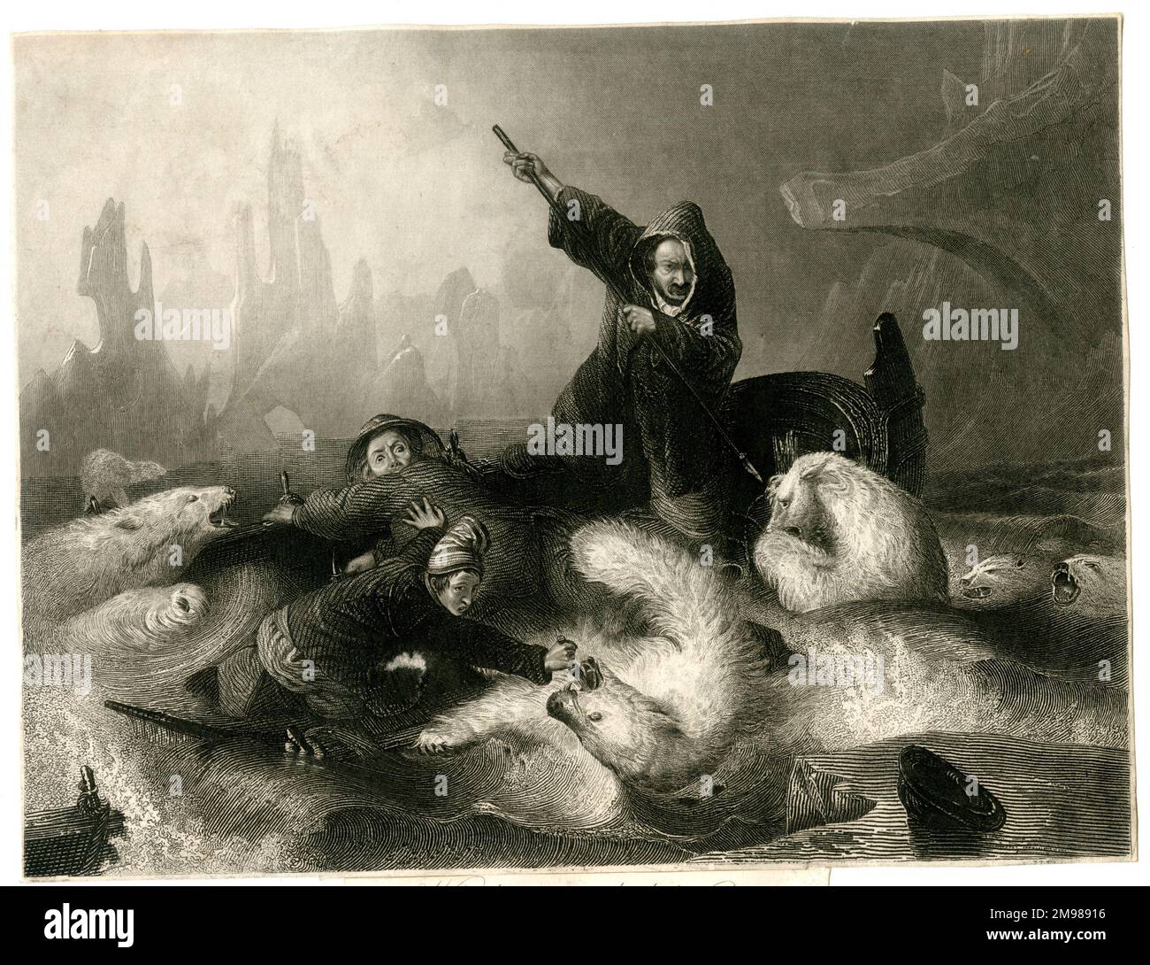 Walfänger, die von Eisbären angegriffen werden. Stockfoto