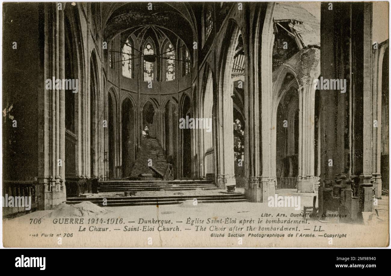 Dünkirchen, Frankreich - Innere der Kirche Saint Eloi nach dem Bombenanschlag im Jahr WW1. Stockfoto