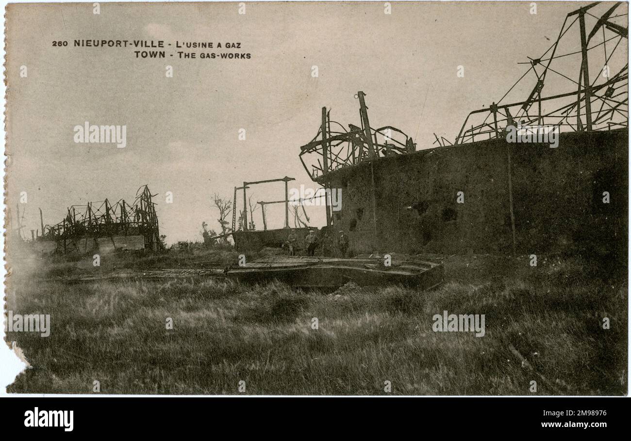 Nieuport, Belgien - Gaswerk im Jahr WW1 ruiniert. Stockfoto