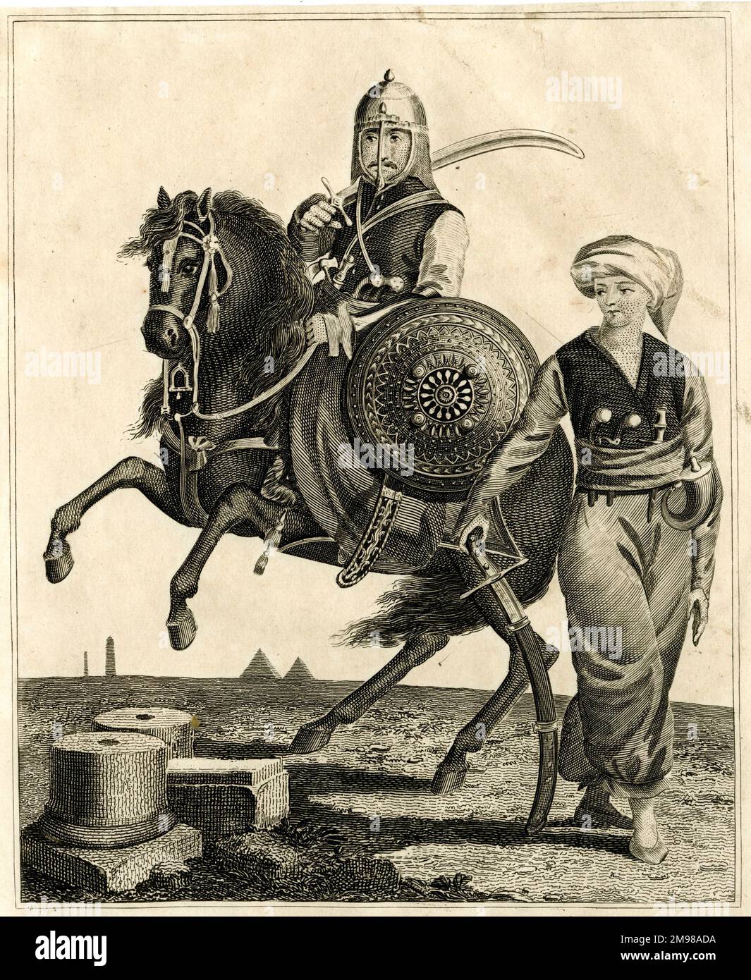 Ein Mameluke (Mameluk) auf dem Pferderücken mit einem beduinischen arabischen Soldaten. Stockfoto