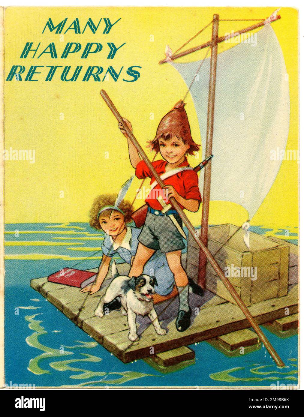 Geburtstagskarte, Many Happy Returns - Junge, Mädchen und Hund auf einem Floß. Stockfoto