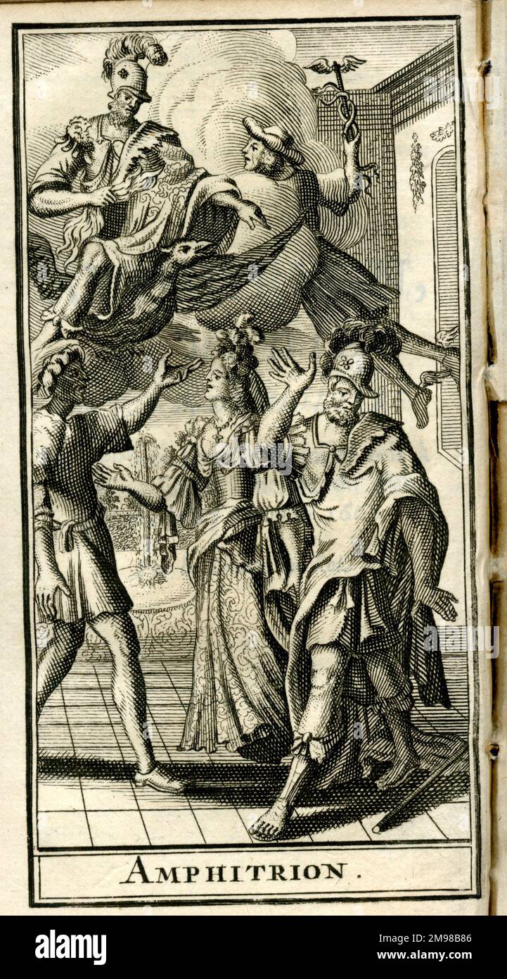 Szene aus Molieres Stück, Amphitryon, erstmals 1668 aufgeführt. Es basiert auf einer lateinischen Komödie von Plautus. Darin zieht Amphitryon in den Krieg und lässt seine Frau Alcmene zu Hause. Jupiter scheint als Amphitryon getarnt zu sein und verführt Alcmene. Als Resultat gebar sie Herkules. Stockfoto