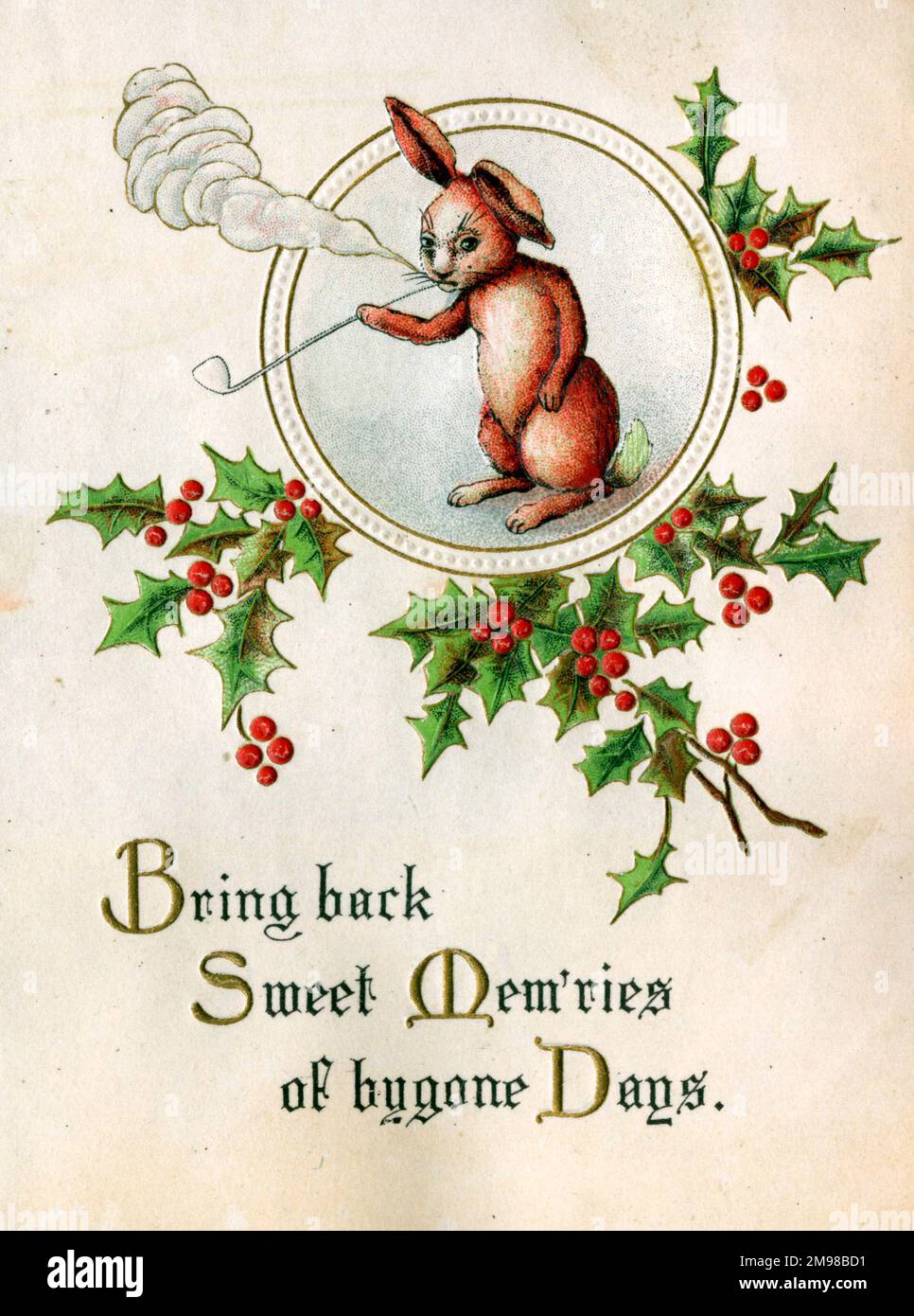 Weihnachtskarte, rauchender Hase mit Holly... Bring die süßen Erinnerungen vergangener Tage zurück. Stockfoto