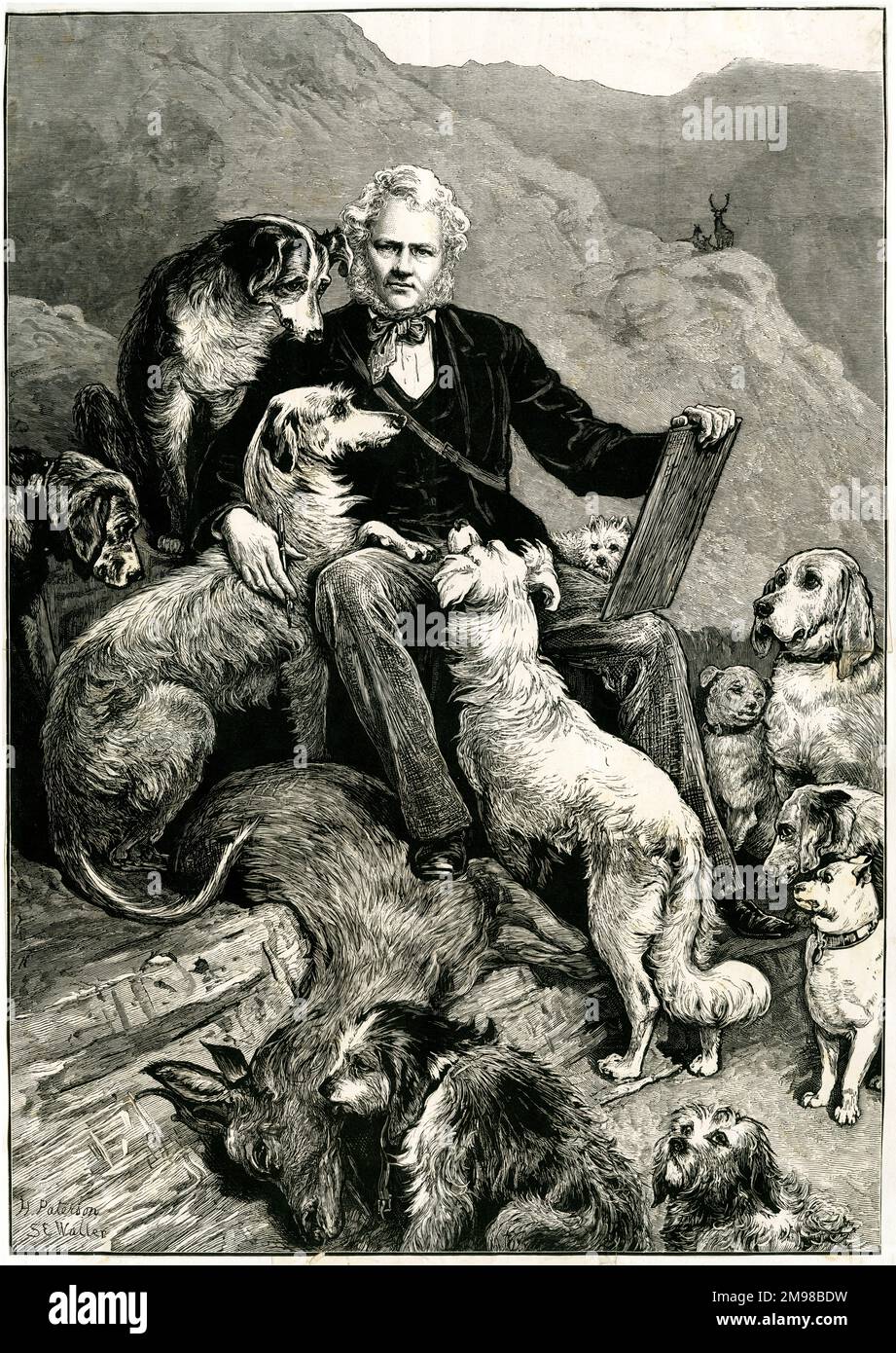 Sir Edwin Landseer und seine Freunde... der Künstler umgeben von den Tieren, die er gemalt hat. Stockfoto