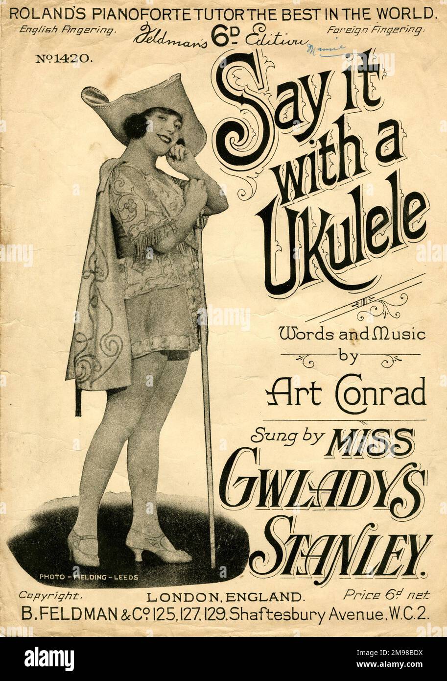 Musiktitel, "Sag es mit einer Ukulele", "Worte und Musik" von Art Conrad, gesungen von Miss Gwladys Stanley. Stockfoto