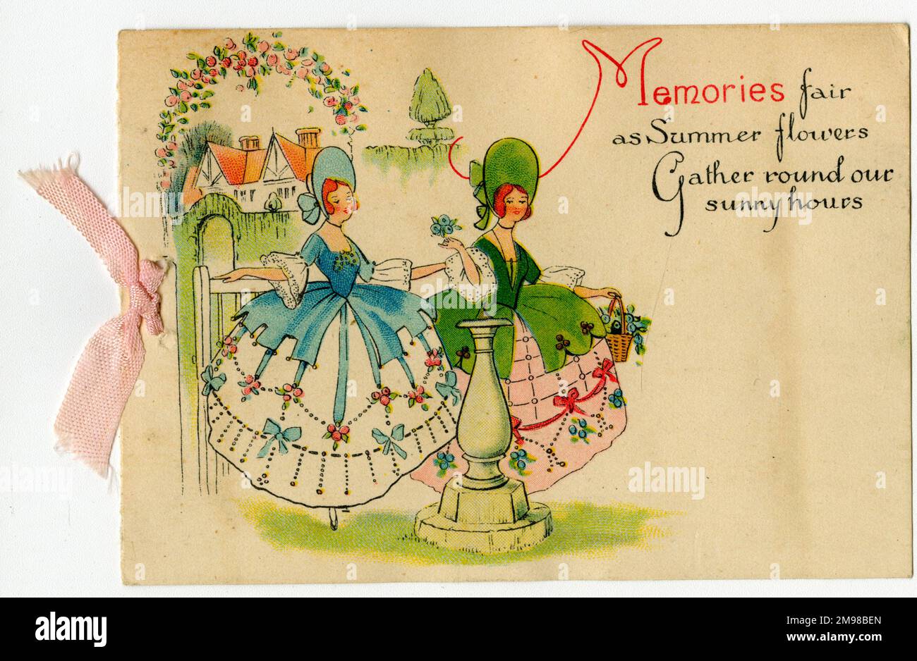 Grußkarte, zwei Damen in einem Sommergarten. Stockfoto