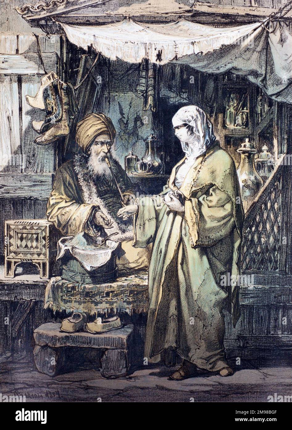 Ein Apotheker-Laden auf einem arabischen Basar. Eine verschleierte Kundin spricht mit dem Drogendealer. Nach einer französischen Ausgabe von 1857. Stockfoto