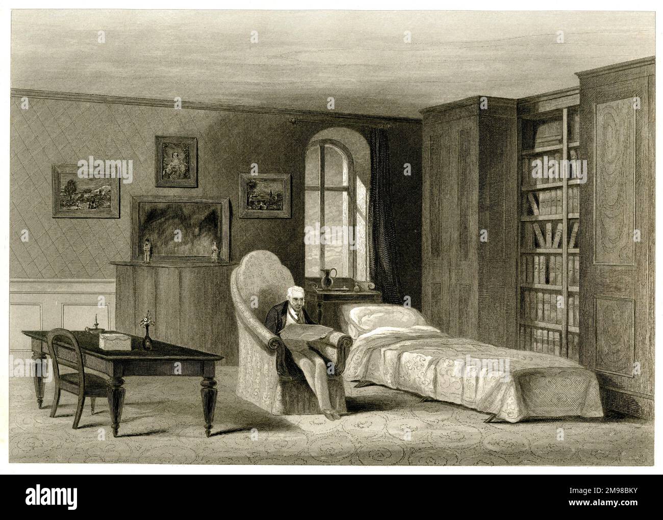 Der Herzog von Wellington (1769-1852) in seiner Bibliothek, seinem Arbeitszimmer und seiner Schlafwohnung in Walmer Castle, Deal, Kent, wo er am 14. September 1852 im Alter von 83 Jahren starb. Stockfoto