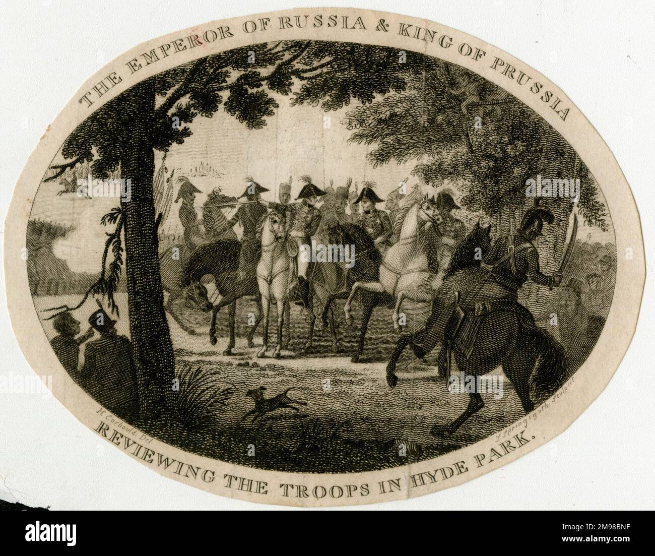 Der Kaiser von Russland und der König von Preußen überprüfen die Truppen im Hyde Park, London, im Jahr 1814. Stockfoto