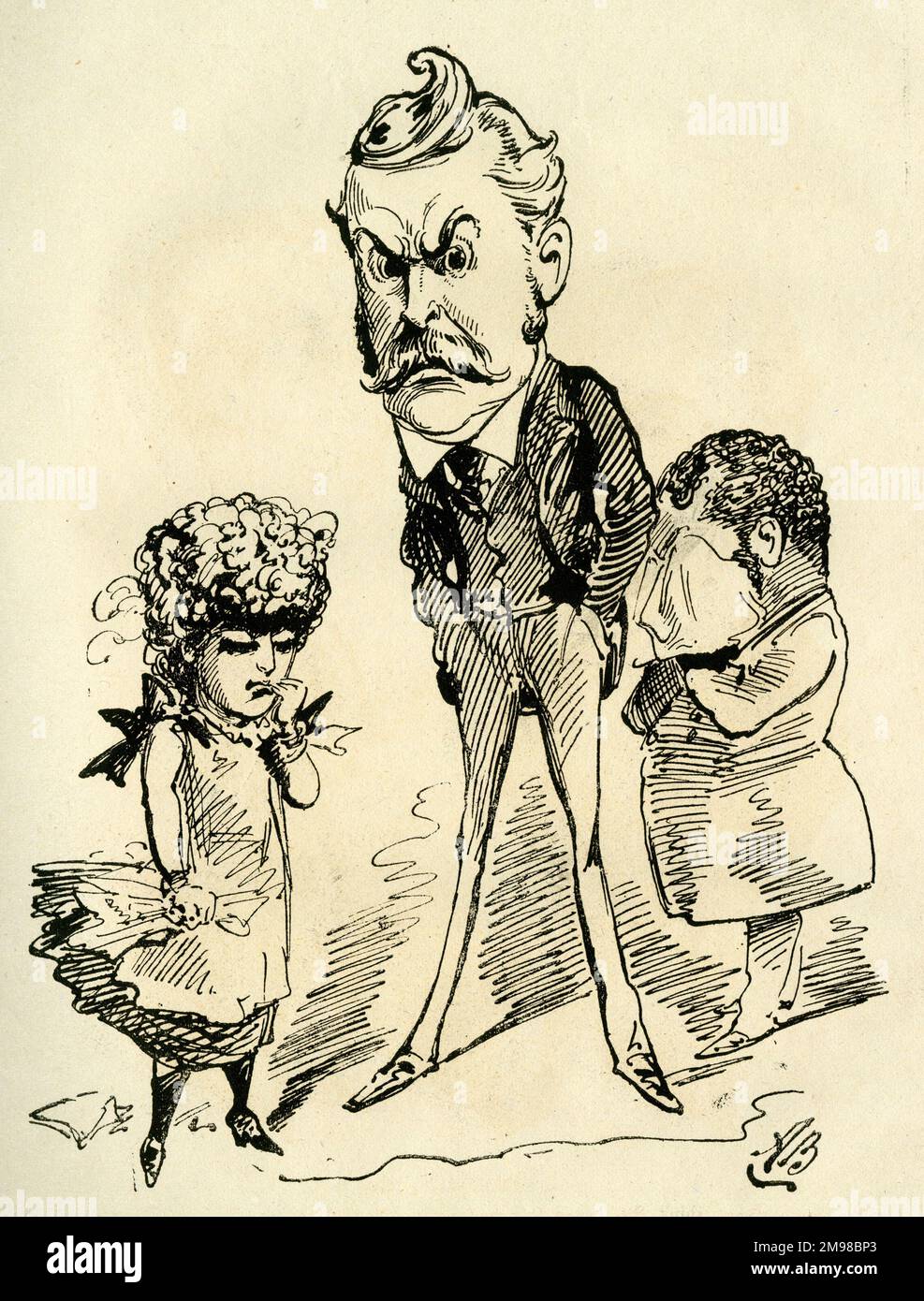 Cartoon, W S Gilbert (1836-1911) und May Fortescue (1859-1950) – die unartige Prinzessin! Wo will sie denn hin, nachdem sie Mr. W. S. Gilbert gebärdet hat? Schauspielerin und Sängerin erschienen bei der D'Oyly Carte Opera Company, gingen aber Ende August 1883, als sie sich mit Arthur William Cairns verlobt hatte, Lord Garmoyle. Die Verlobung wurde jedoch im Januar 1884 abgebrochen. Stockfoto