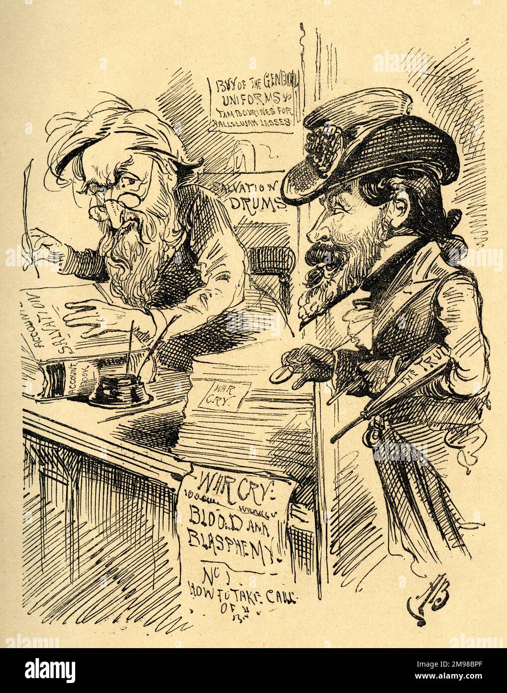 Cartoon, The war Cry (veröffentlicht von General William Booth, Gründer der Heilsarmee) gegen The Truth (veröffentlicht von Henry Labouchere, liberaler Abgeordneter und Eigentümer-Redakteur). Labouchere sagt: Ich hoffe, ich störe nicht, General, aber -- berühre dieses kleine Bargeld! Stockfoto