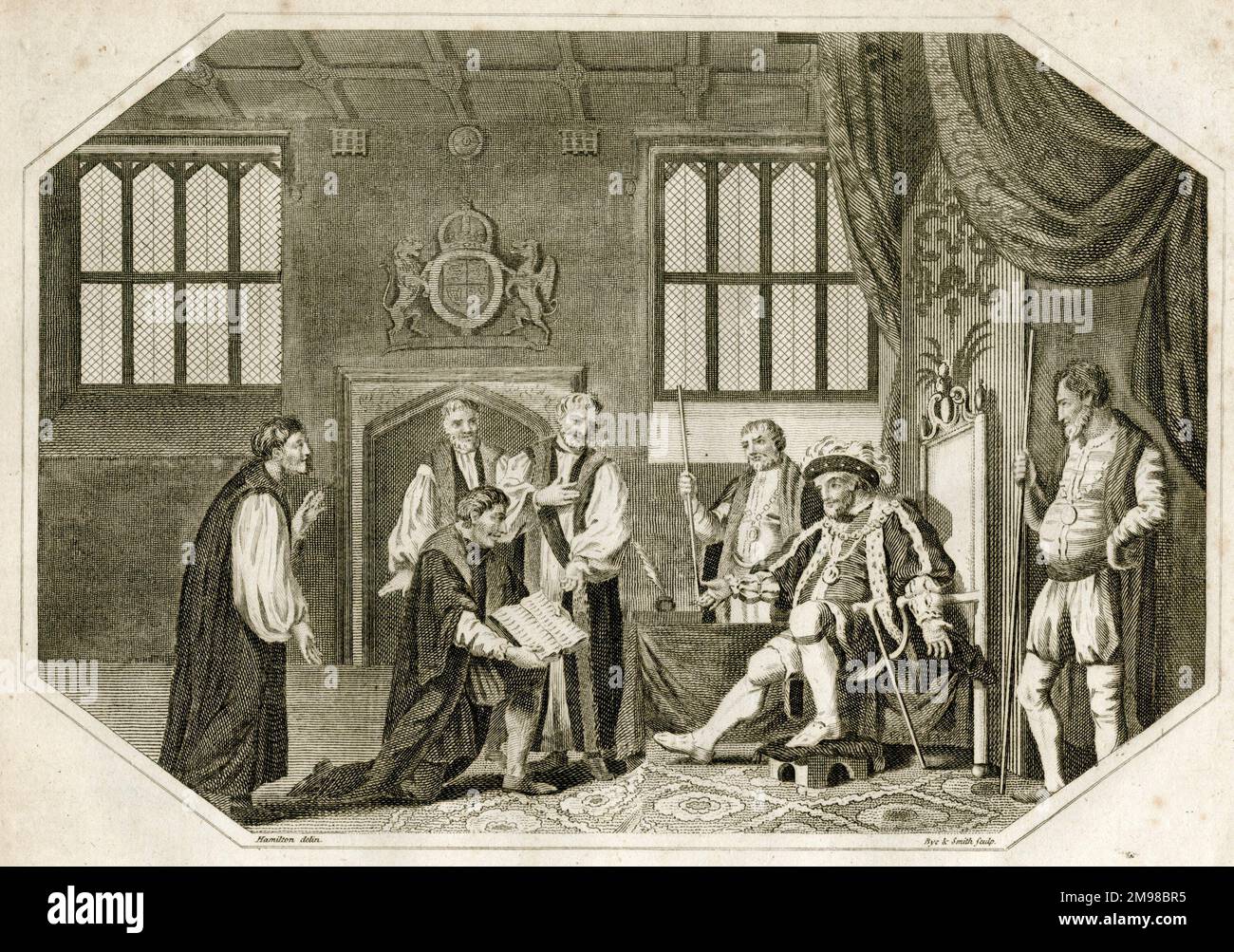 Die erste englische Übersetzung der Bibel, die König Heinrich VIII. Von Thomas Cranmer überreicht wurde. Stockfoto