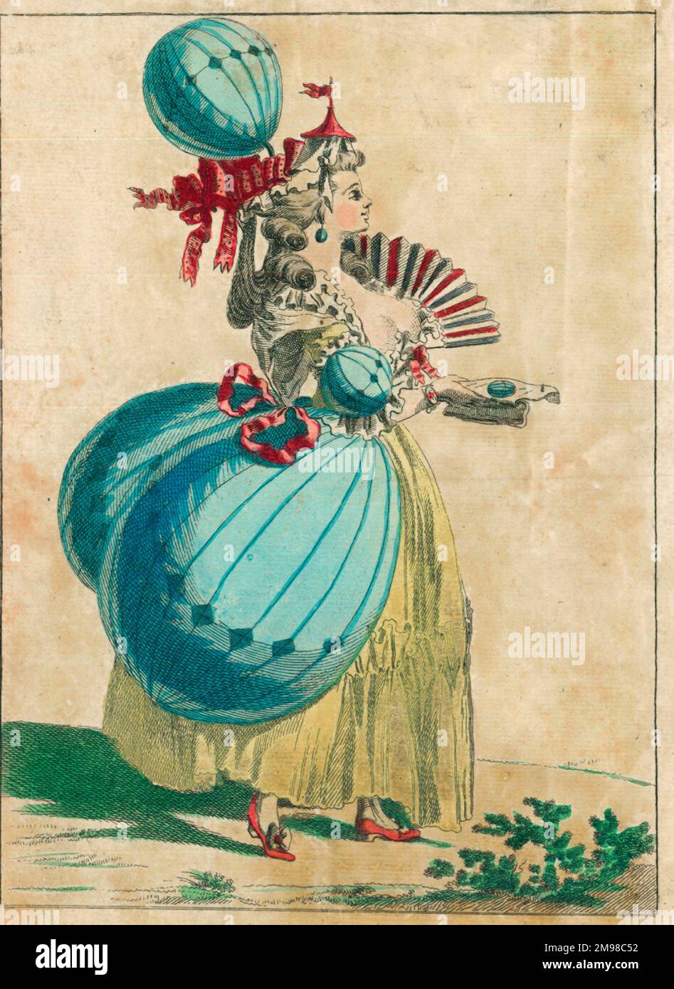 Ein Paar französische Lithografien aus dem späten 18. Jahrhundert, die die "Ballonmanie" widerspiegeln, die in ganz Europa zur Zeit der ersten Ballonaufsteigung herrschte, wobei die modische Dame und der Gentleman aufgeblasene Ballondesigns in ihre Kostüme (Hüte, Kleid, Armschellen usw.) (1/2) einbrachten. Stockfoto
