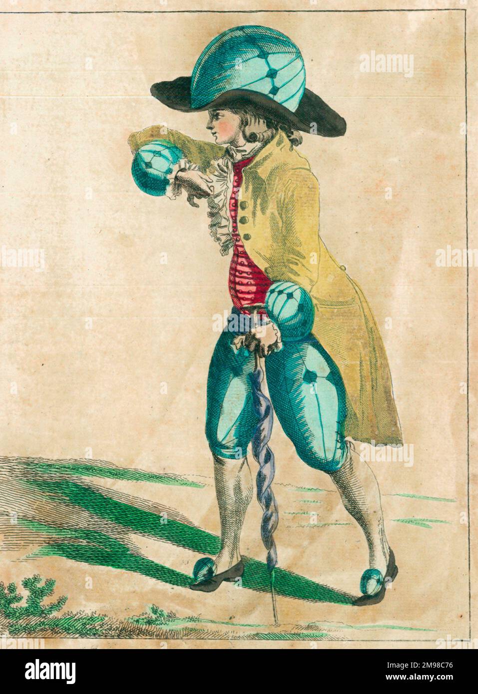 Ein Paar französische Lithografien aus dem späten 18. Jahrhundert, die die "Ballonmanie" widerspiegeln, die in ganz Europa zur Zeit der ersten Ballonaufsteigung herrschte, wobei die modische Dame und der Gentleman aufgeblasene Ballondesigns in ihre Kostüme (Hüte, Kleid, Armschellen usw.) (2/2) einbrachten. Stockfoto