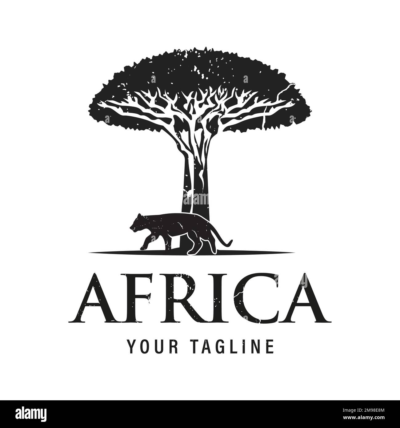 Afrikanisches Baummotiv mit Tiger Jaguar Leopard Cheetah Puma Panther Silhouette für Safari Adventure Logo Design Vector Stock Vektor