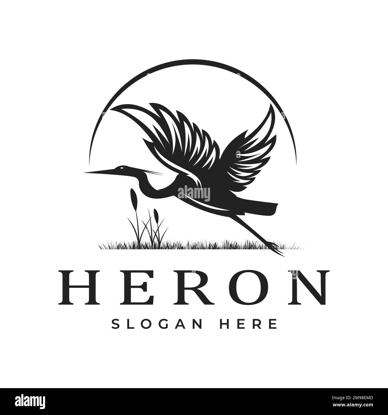 Vintage Flying Stork Heron Silhouette Bird Lake Creek Sunset Logo-Vorlage Stock Vektor