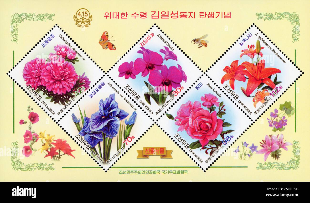 2011 Nordkorea-Briefmarkenbogen zum 99. Geburtstag von Kim Il Sung mit Blumengeschenken einschließlich Kimilsungia-Orchideen. Stockfoto