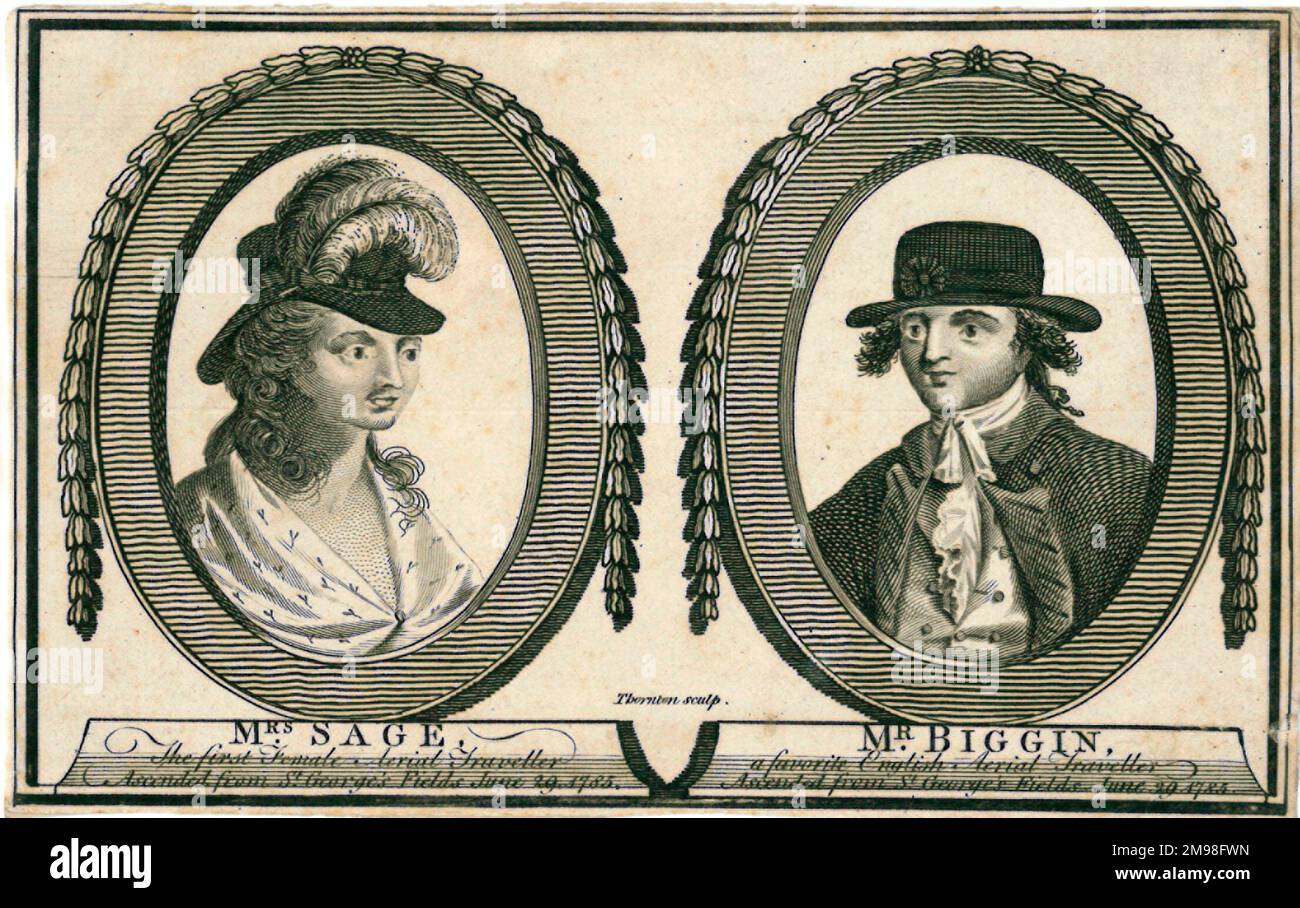 Mrs. Sage und Mr. Biggin, Piloten des späten 18. Jahrhunderts (Ballonaufstieg). Stockfoto