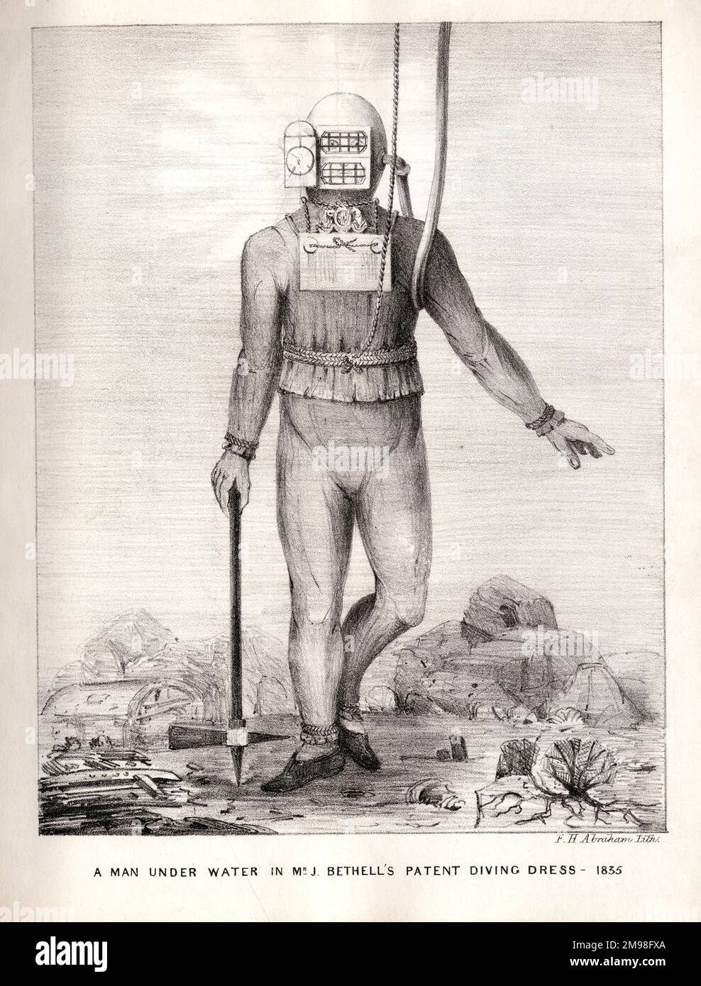 Ein Mann unter Wasser in Mr. John Bethells Patenttauchkleid 1835. F. H. Abraham Lithograph Stockfoto