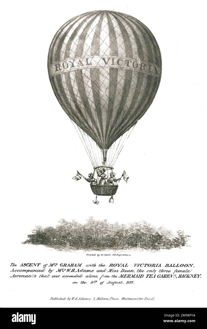 Aufstieg von Mrs. Graham und dem Royal Victoria Ballon, begleitet von Mrs. W. H. Adams und Miss Dean, Mermaid Tea Gardens, Hackney, 9 1837. August - das einzige Mal, dass drei weibliche Flugzeugauten je allein aufgestiegen sind. Stockfoto