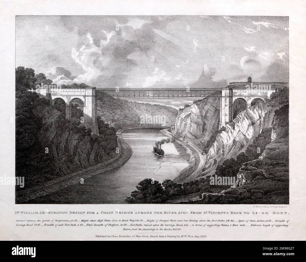 Mr. William Armstrongs Entwurf für eine Kettenbrücke über den Fluss Avon von von St. Vincent's Rock an Leigh Down. Dies war eine alternative Konstruktion für die Clifton-Hängebrücke. Lithographie von R Martin aus einer Zeichnung von W West, Mai 1830 Stockfoto