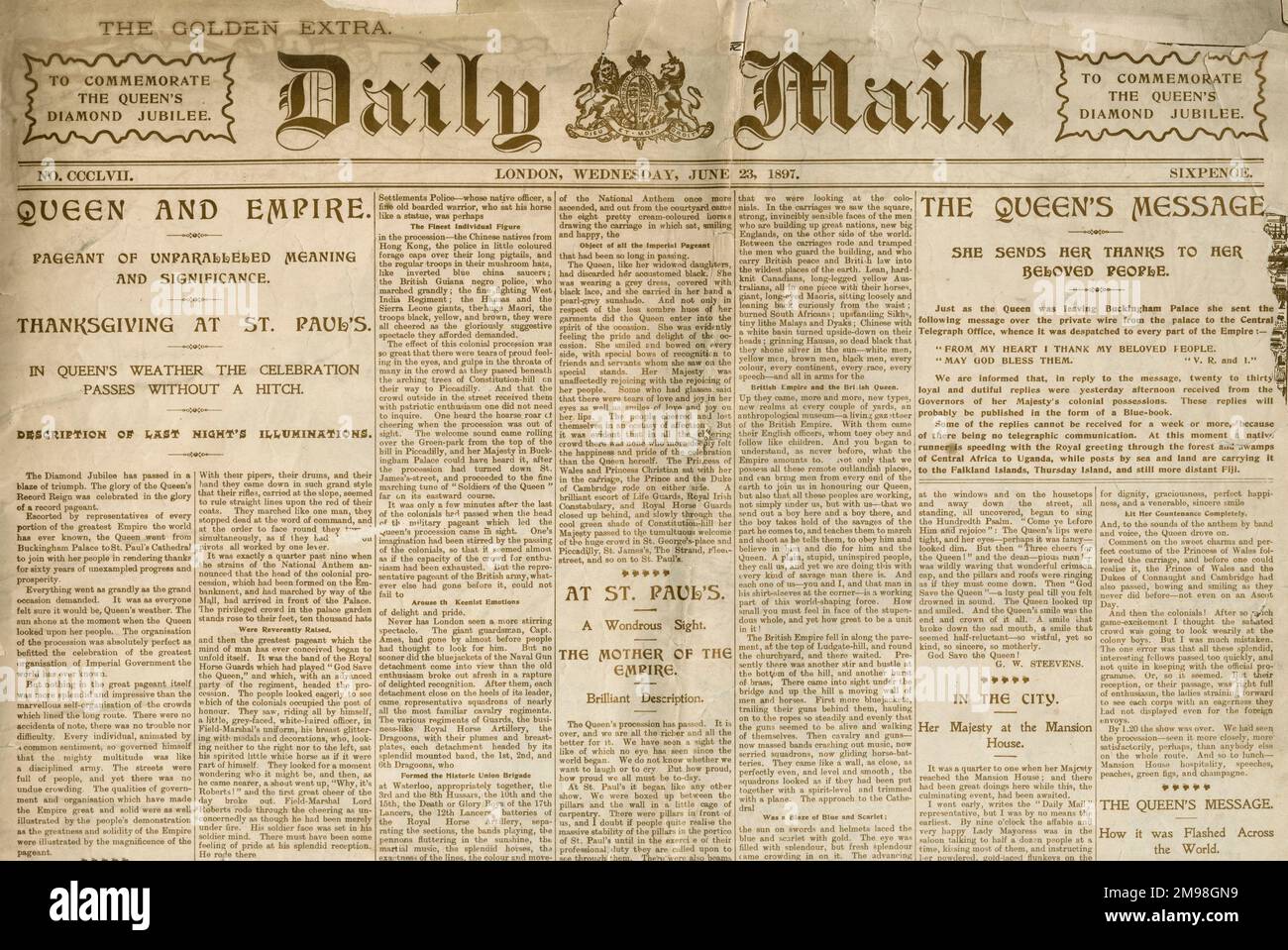 Titelseite der Tageszeitung Daily Mail für den 23. Juni 1897, um Königin Victorias Diamantjubiläum zu würdigen, genannt das goldene Extra, wie es in goldener Tinte gedruckt wurde. Stockfoto
