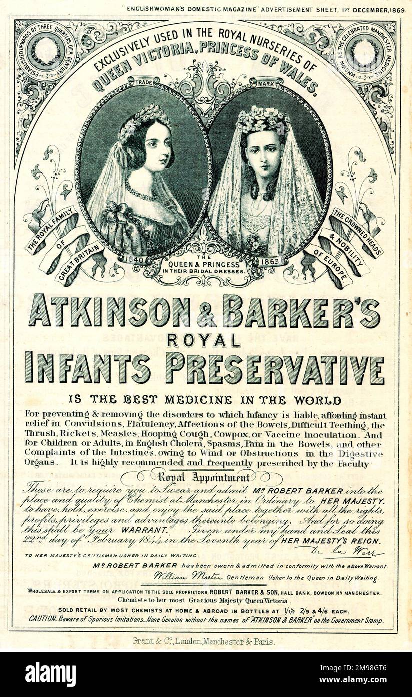 Atkinson & Barker's Royal Infants Preservative, behauptete nach königlicher Ernennung die beste Medizin der Welt zu sein, mit Porträts von Königin Victoria und Prinzessin Alexandra in ihren Brautkleidern. Stockfoto
