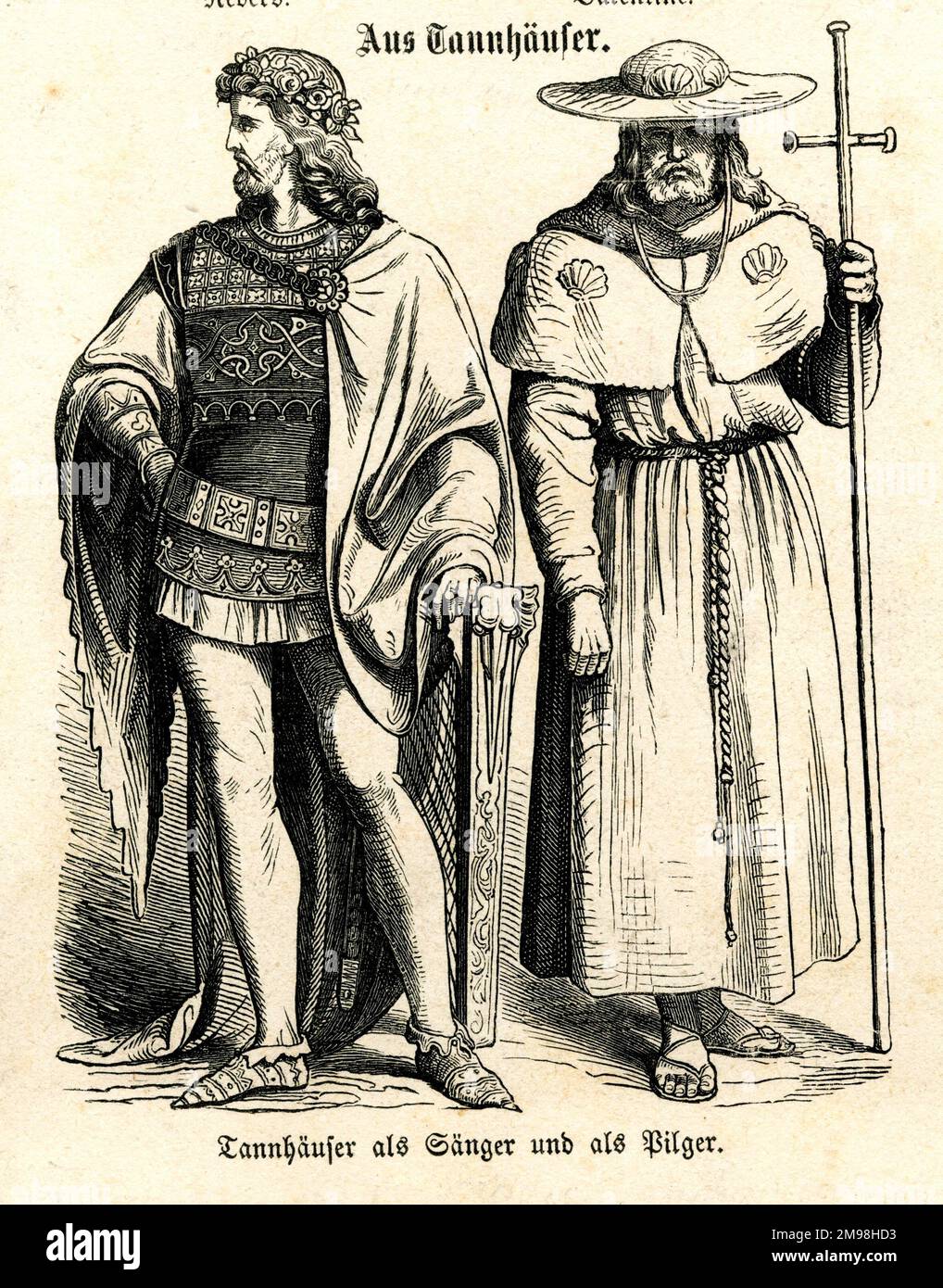 Deutsches Theaterkostüm - Tannhauser als Saenger und als Pilger (Tannhauser als Singer und als Pilgrim). Er war ein deutscher Minnesinger und Dichter aus dem 13. Jahrhundert, der durch Wagners Oper noch berühmt wurde. Stockfoto
