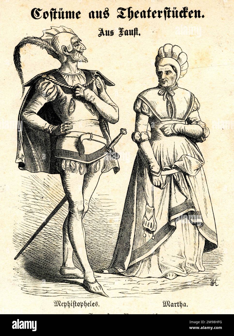 Deutsches Theaterkostüm - Mephistopheles und Martha, Figuren aus der klassischen deutschen Faust-Legende. Stockfoto
