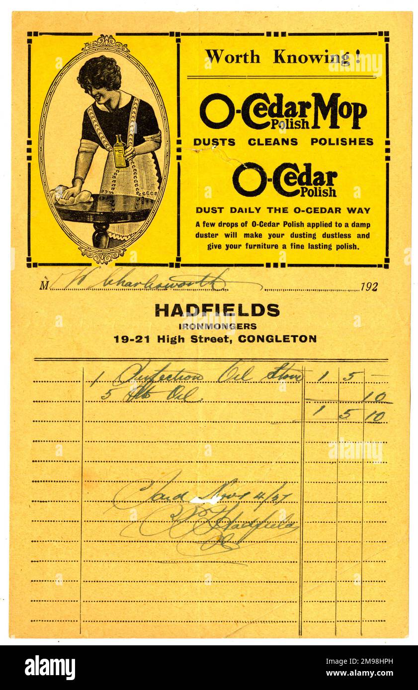 O-Cedar Mop und polnische Werbung auf Hadfields Ironmongers gedrucktes Briefpapier, das hier als Quittung mit handschriftlichen Details verwendet wird. Stockfoto