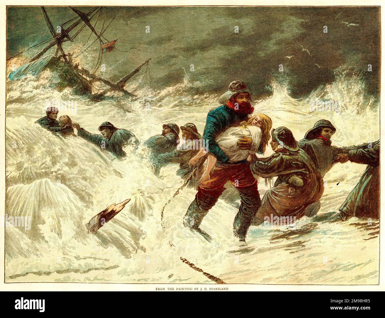 Endlich gerettet... Überlebende eines Schiffbruchs und ihre Retter, während eines Sturms. Stockfoto