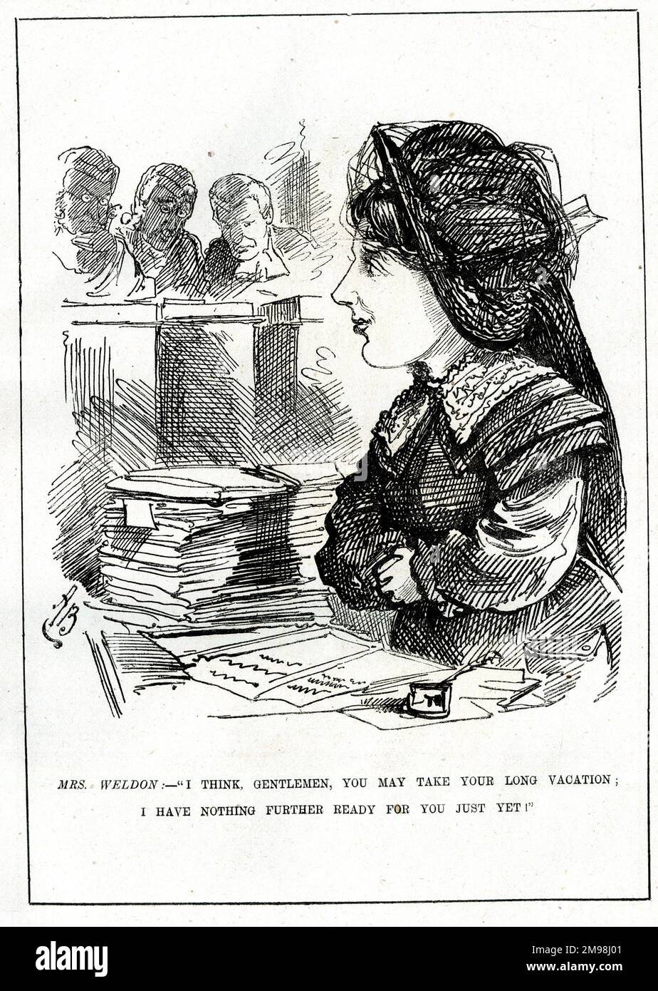 Cartoon, Georgina Weldon, klassische Sängerin, gibt den Anwälten eine Pause für die Sommerferien. Frau Weldon (1837-1914) war häufig in Klagen und Verleumdungsklagen mit anderen involviert, was bisweilen zu ihrer Freiheitsstrafe führte. Stockfoto