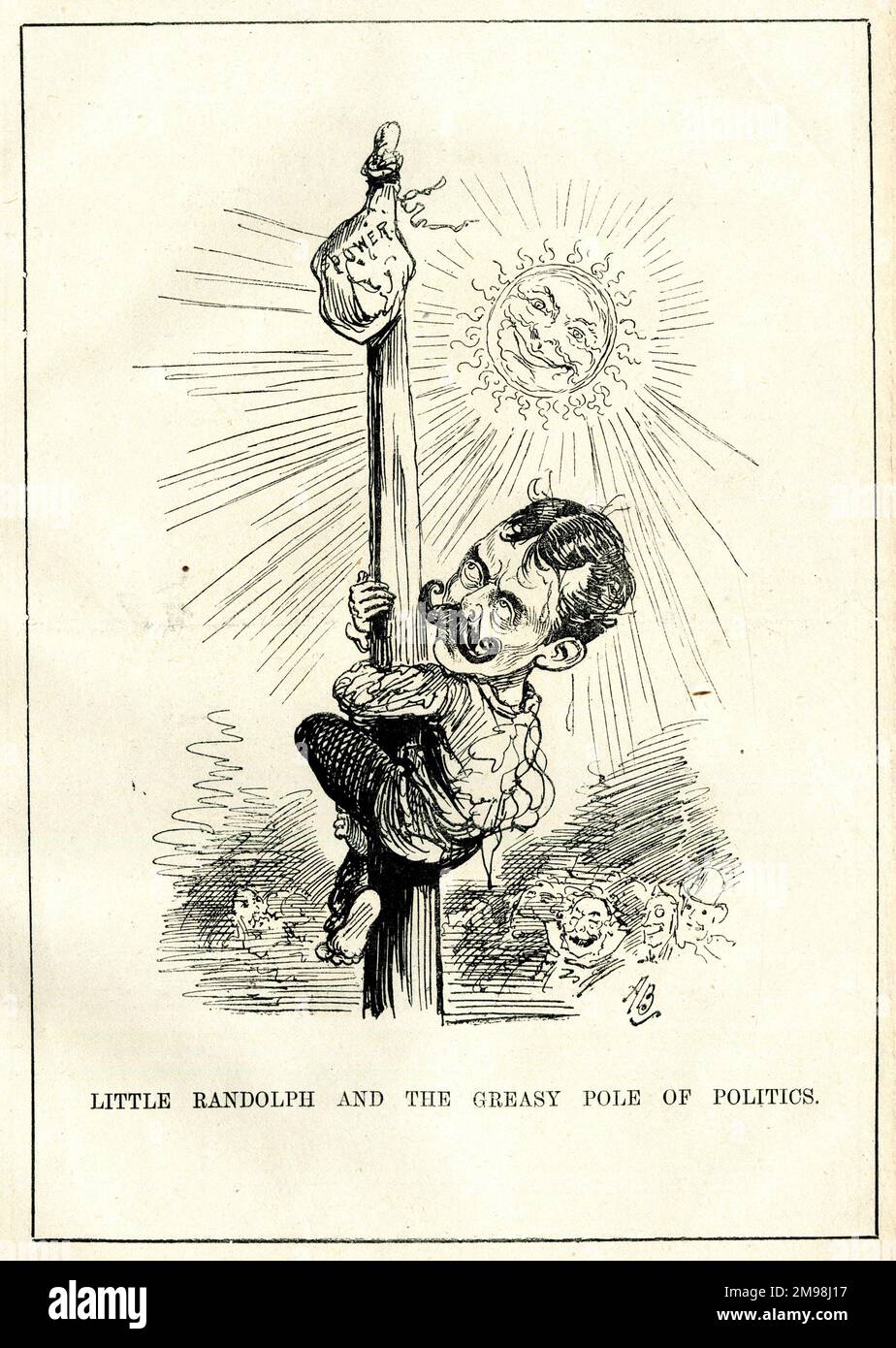 Cartoon, Lord Randolph Henry Spencer Churchill (1849-1895), britischer Politiker - Little Randolph und der schmierige Pol der Politik. Zu dieser Zeit kämpfte er für demokratischen (progressiven) Toryismus und machte sich einen Namen. Stockfoto