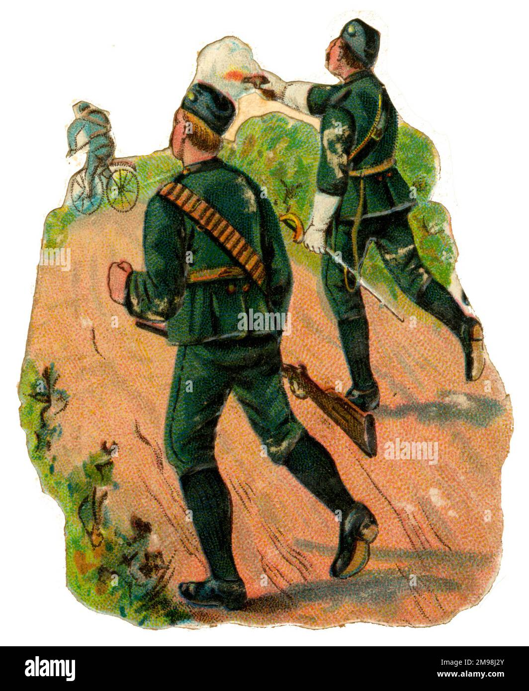 Viktorianischer Schrott - Soldaten, die einen Radfahrer verfolgen. Stockfoto