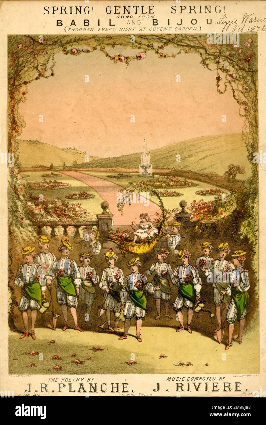 Musik-Titelseite, Spring! Sanfter Frühling! Ein Lied von Babil und Bijou, das erstmals im Theatre Royal, Covent Garden, London, im Jahr 1872 auftrat. Worte von J R Planche, Musik von J Riviere. Stockfoto
