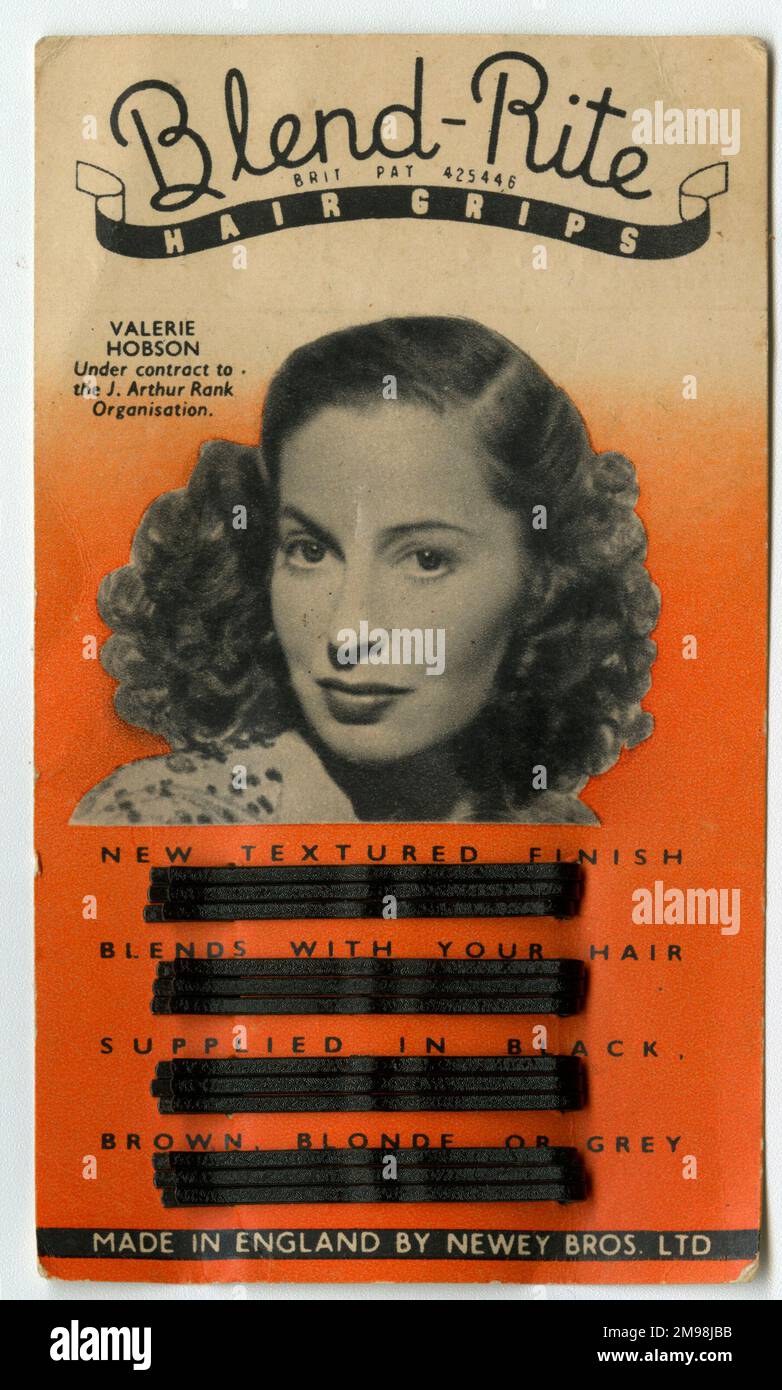 Valerie Hobson (1917-1998), britische Filmschauspielerin, auf einer Blend-Rite-Haargriffskarte. Stockfoto