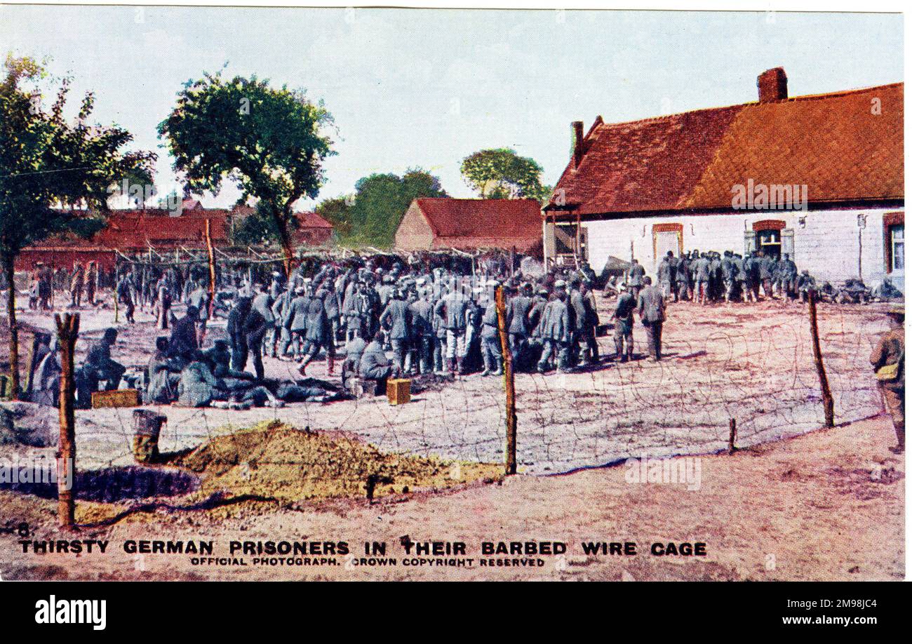Deutsche Gefangene im Stacheldrahtkäfig, WW1. Stockfoto