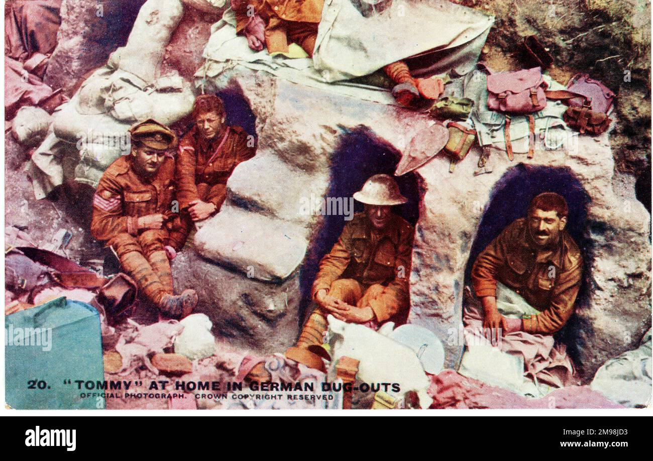 Britische Soldaten in verlassenen deutschen Unterkünften, WW1. Stockfoto
